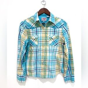 Roper Women’s Blue Plaid Western 100% Cotton Snap Long Sleeve Top Shirt Medium